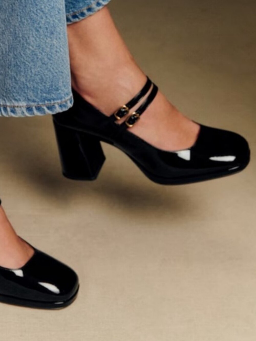WORN ONCE Sezane Carmen Black Patent Leather High Mary Jane Block Heels Size 8